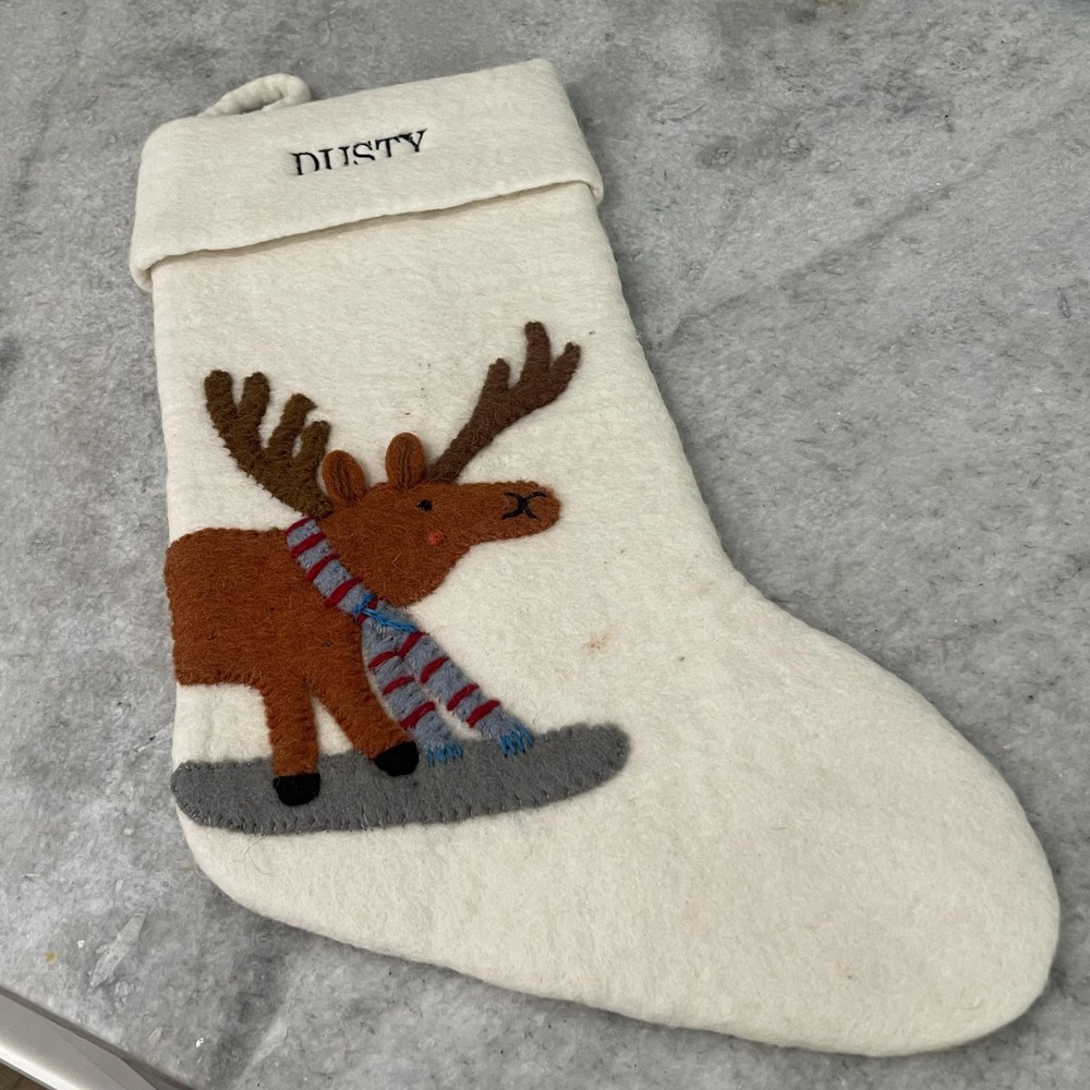 West Elm Christmas Stocking White Felt Reindeer Applique Kids Dusty Name